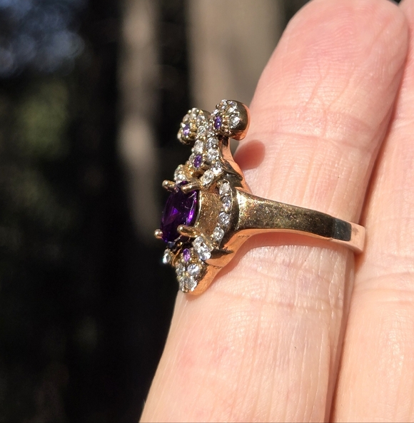 Amethyst 4k & Topaz Elegant Fleur-de-lis style Sterling & Gold ring sz 7.75 - Picture 6 of 11